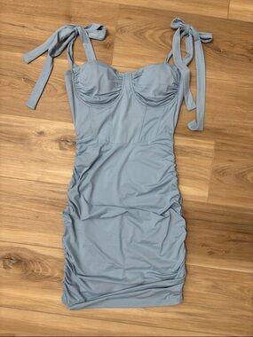 Windsor Dusty Blue Tie-Shoulder Ruched Mini Dress